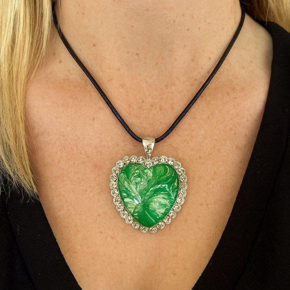 Hand Crafted Jewelry - Handmade Green Fluid Art Heart Pendant Necklace Rhinestone Border Svetlana Yeung